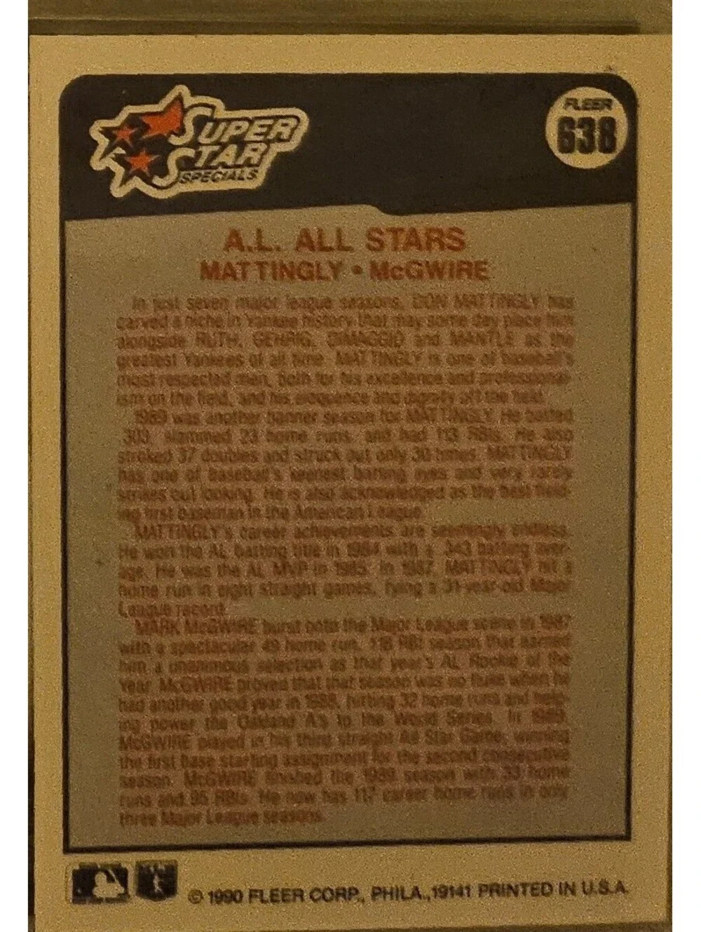 1990 Fleer ~ Don Mattingly / Mark McGwire ~ AL first base~ #638 ~ Yankees / A's